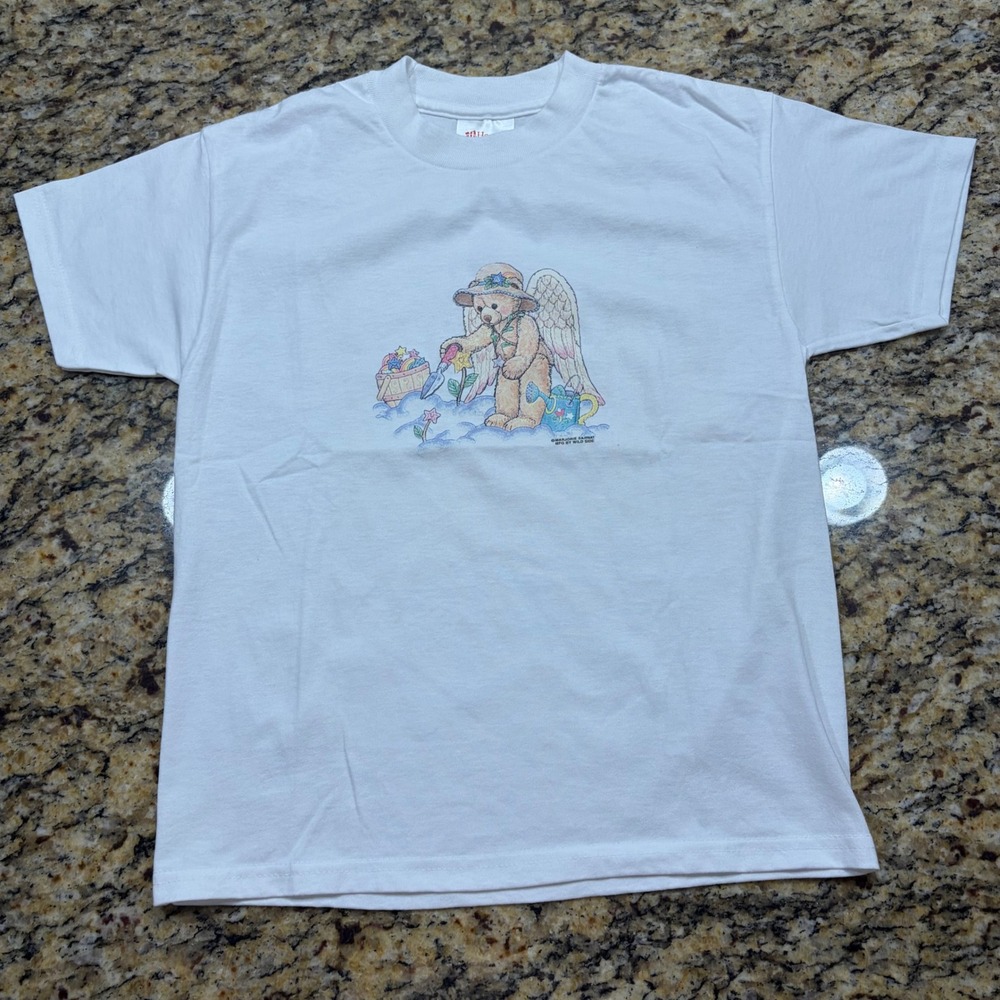 Vintage Hanes Marjorie Sarnat Angel Teddy Bear T-Shirt Kids Youth Medium White v